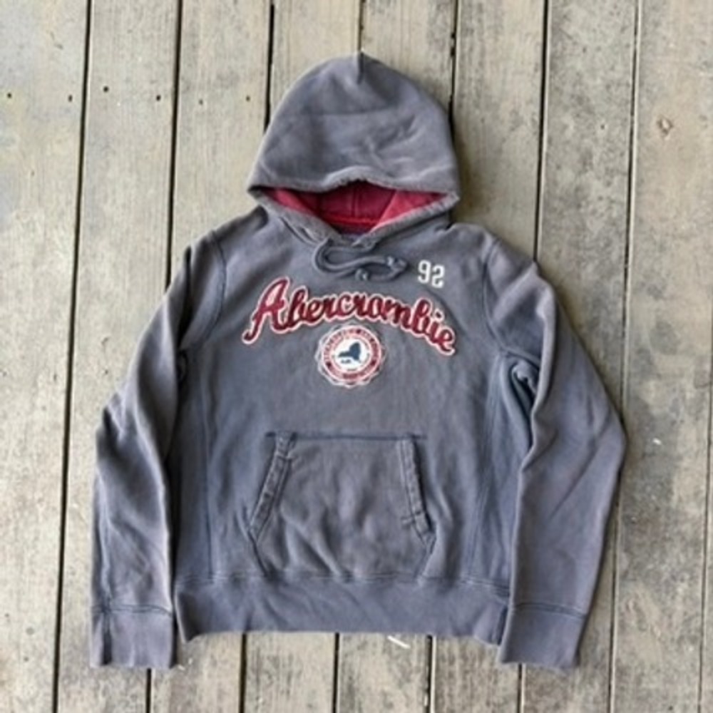 Abercrombie & Fitch Vintage Hoodie Gray Red Y2K Distressed Pullover Mens Medium